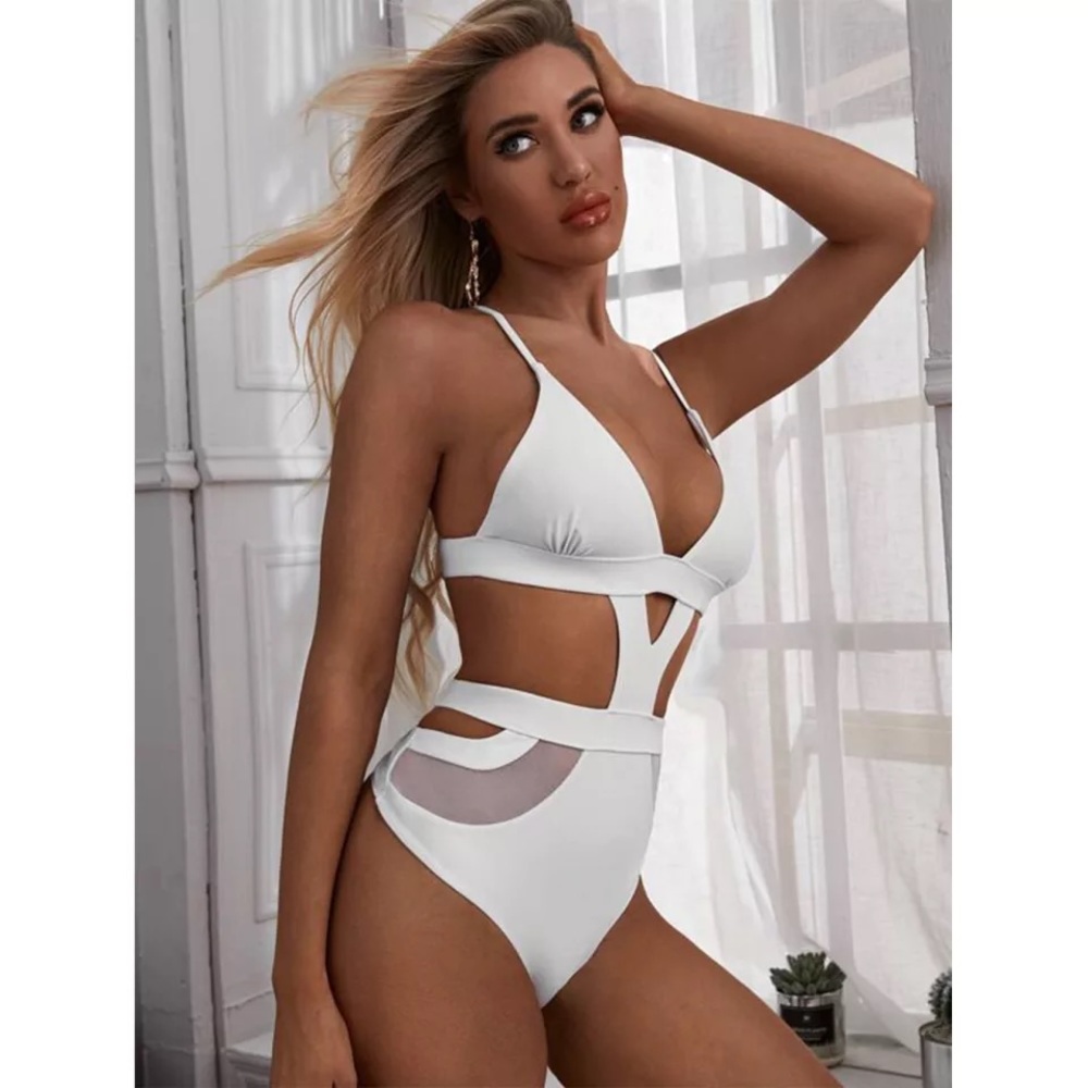 NWT cut out swimsuit XL M S white sexy monokini mesh high leg cage cut out mesh - Picture 1 of 8